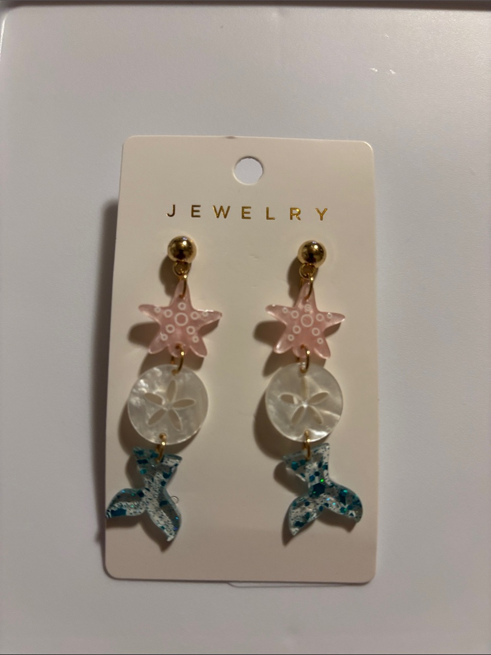 Gold-Post Pink Starfish & Blue Mermaid Tail Drop Earrings